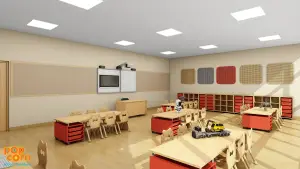 Modern primary school classroom designed and furnished by Popcorn Furniture with modular student desks