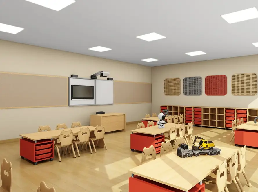 Modern primary school classroom designed and furnished by Popcorn Furniture with modular student desks